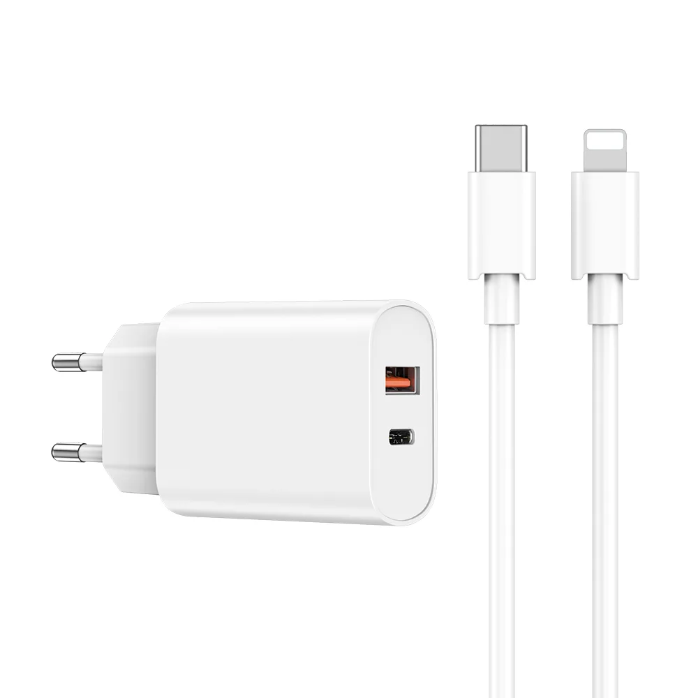 WIWU väggladdare Wi-U002 PD + QC 20W 1x USB 1x USB-C vit + kabel USB-C – Lightning