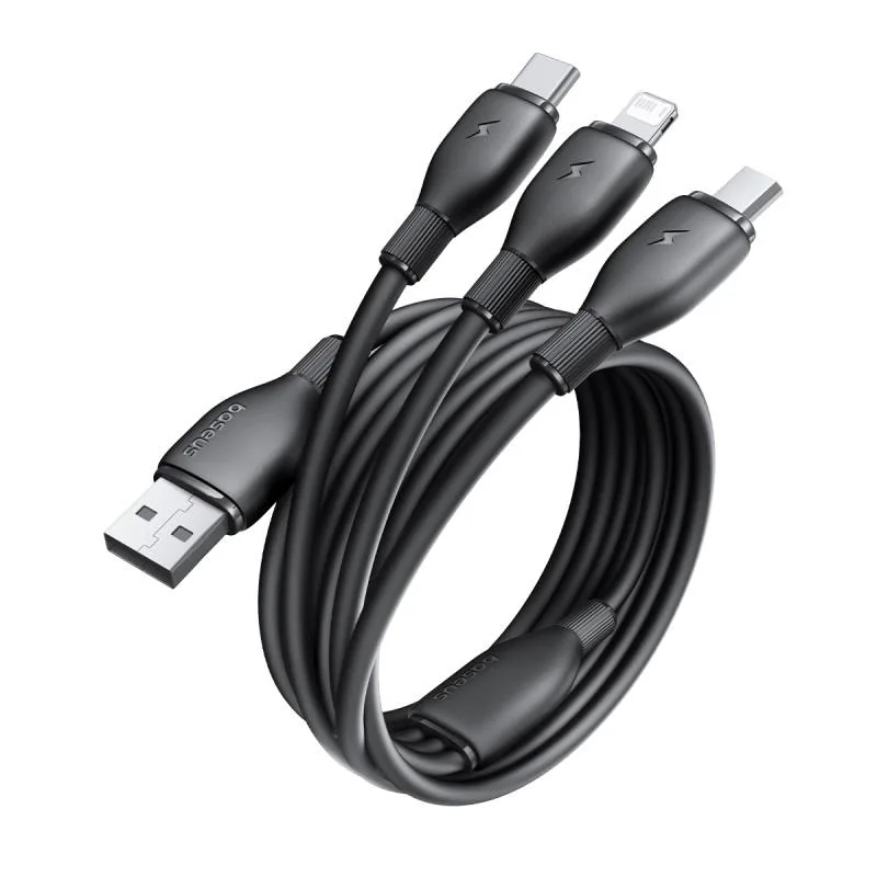 Baseus Ultra-Snabb En-för-Tre Laddningskabel USB-A till M+L+C 3,5A 0,8m Kosmisk Svart