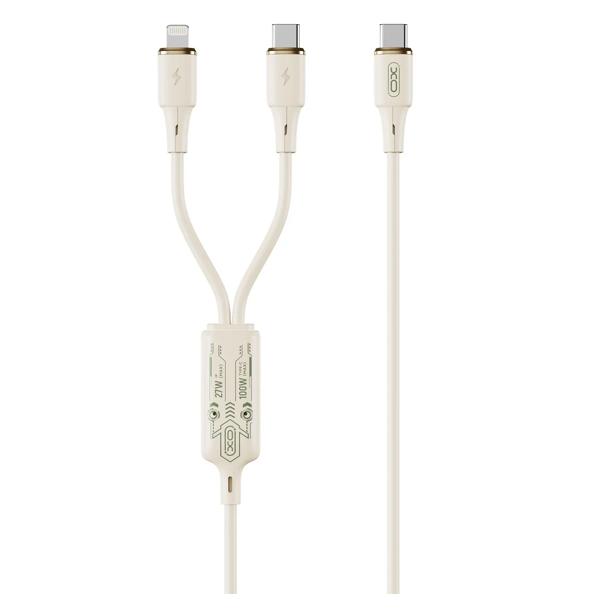 XO-kabel NB-Q262 2-i-1 PD USB-C – Lightning + USB-C 1,2 m beige 60W