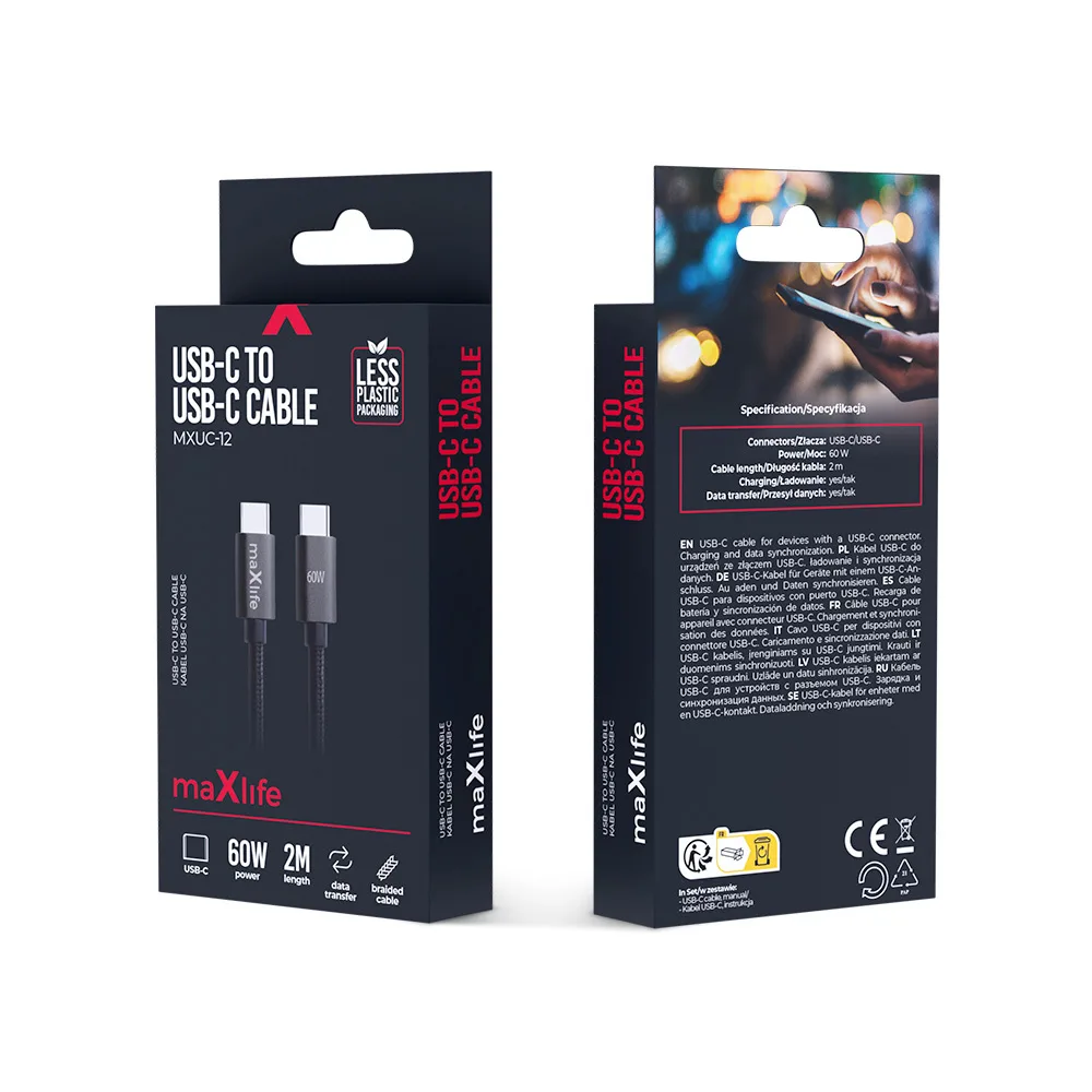 Maxlife MXUC-12 cable USB-C – USB-C 2,0 m 60W black