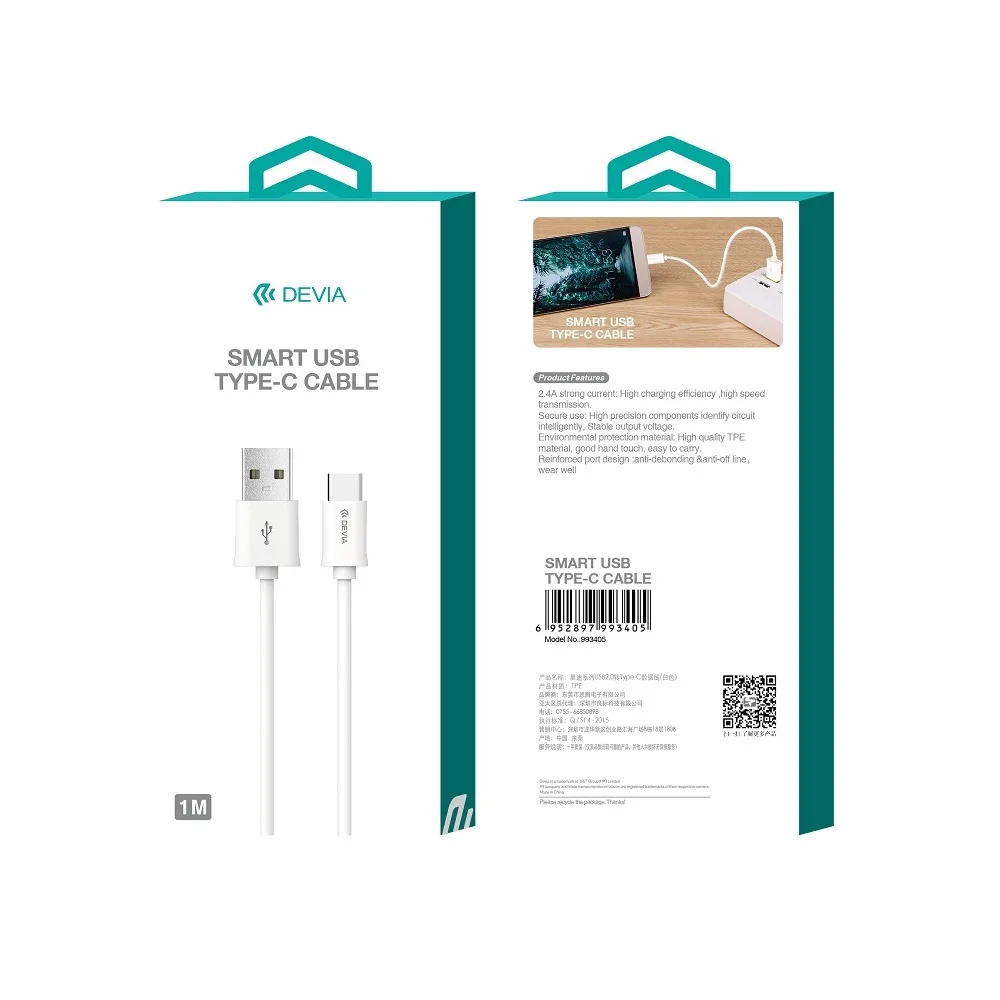 Devia cable Smart EC082 USB – USB-C 1,0 m 2,1A white
