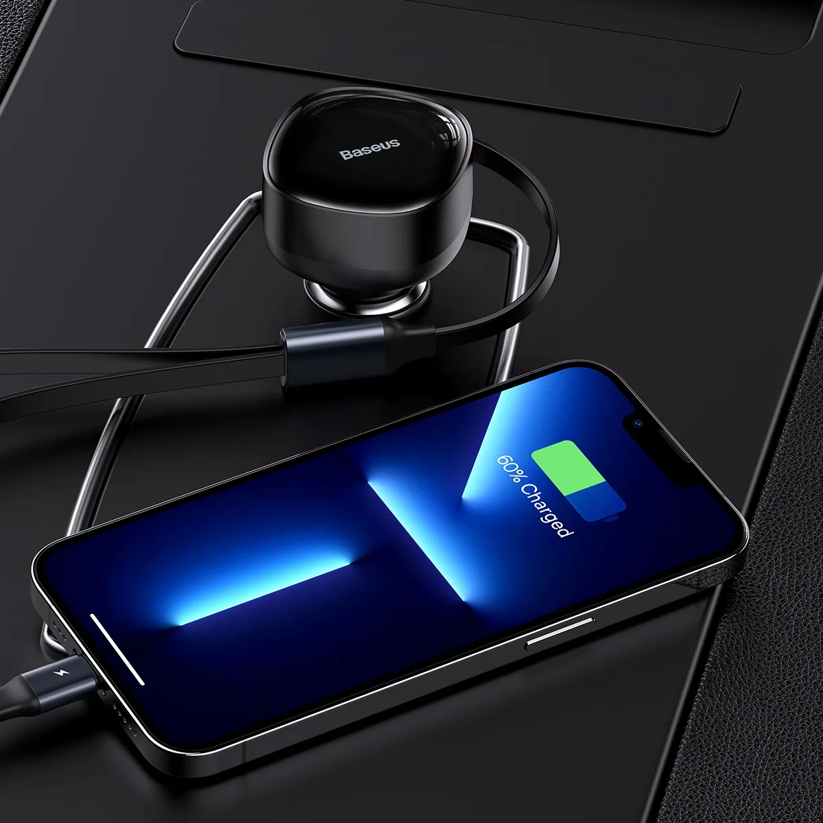 Baseus biladapter Enjoyment Retractable 2w1 30W svart med kabel 1x USB-C 1x Lightning