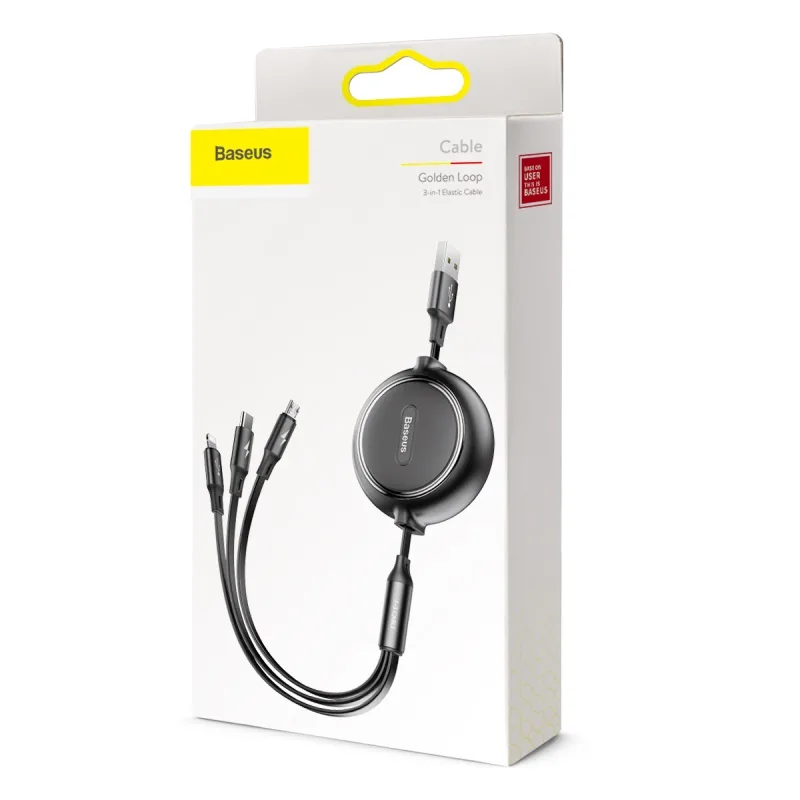 Baseus sladd 3-i-1 Golden Loop uppdragbar USB – micro USB + Lightning + USB-C 1,2 m 3,5A svart