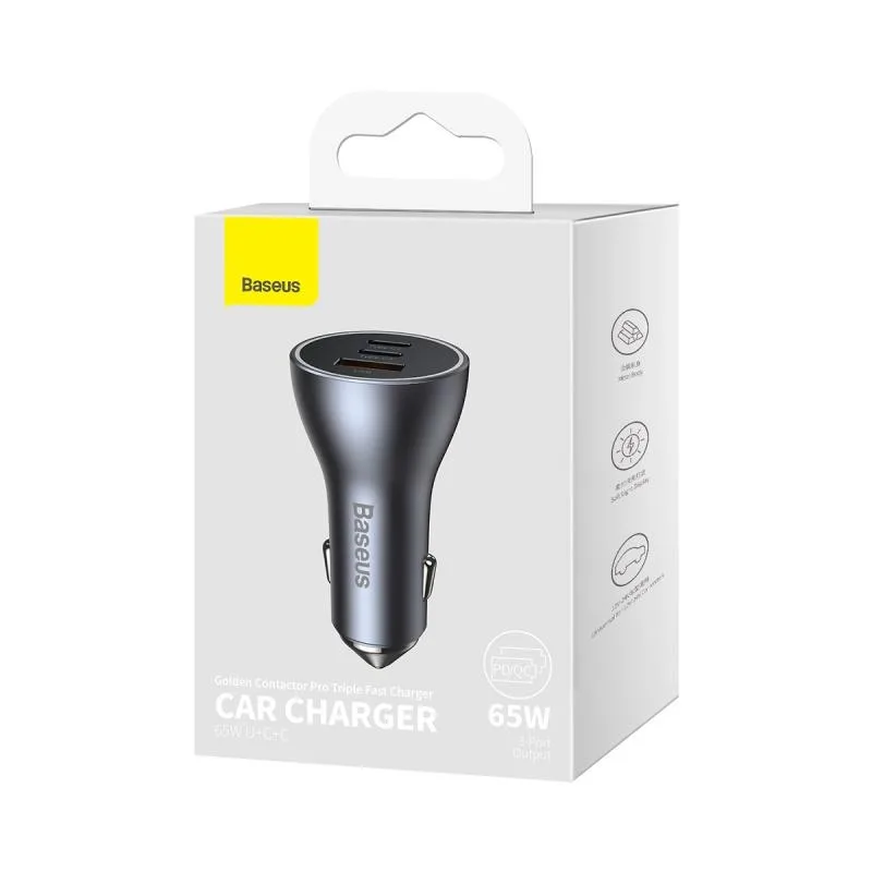 Baseus car charger Golden Contactor Pro Triple Fast 1x USB 2x USB-C 65W dark gray