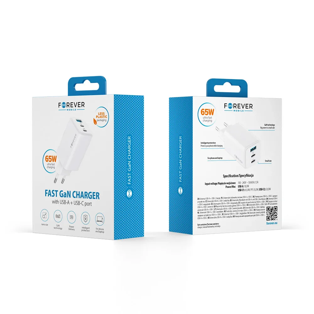 Forever TC-08-65ACC GaN PD QC-laddare 2x USB-C 1x USB 65W vit